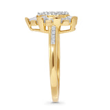 Tropfenförmiger Halo-Ring in Birnenform mit 0,26 ct Baguette und rundem Diamant aus 14-karätigem Gold