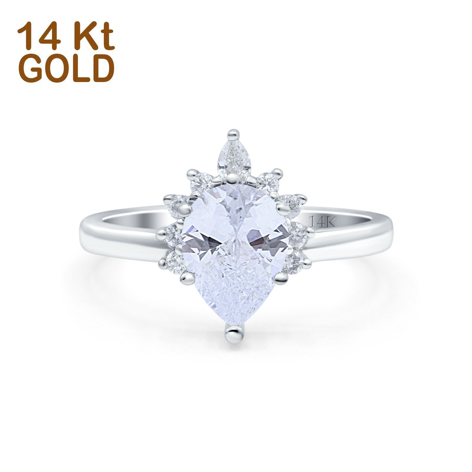 14K Gold Teardrop Art Deco Pear Shape Bridal Simulated Cubic Zirconia Wedding Engagement Ring