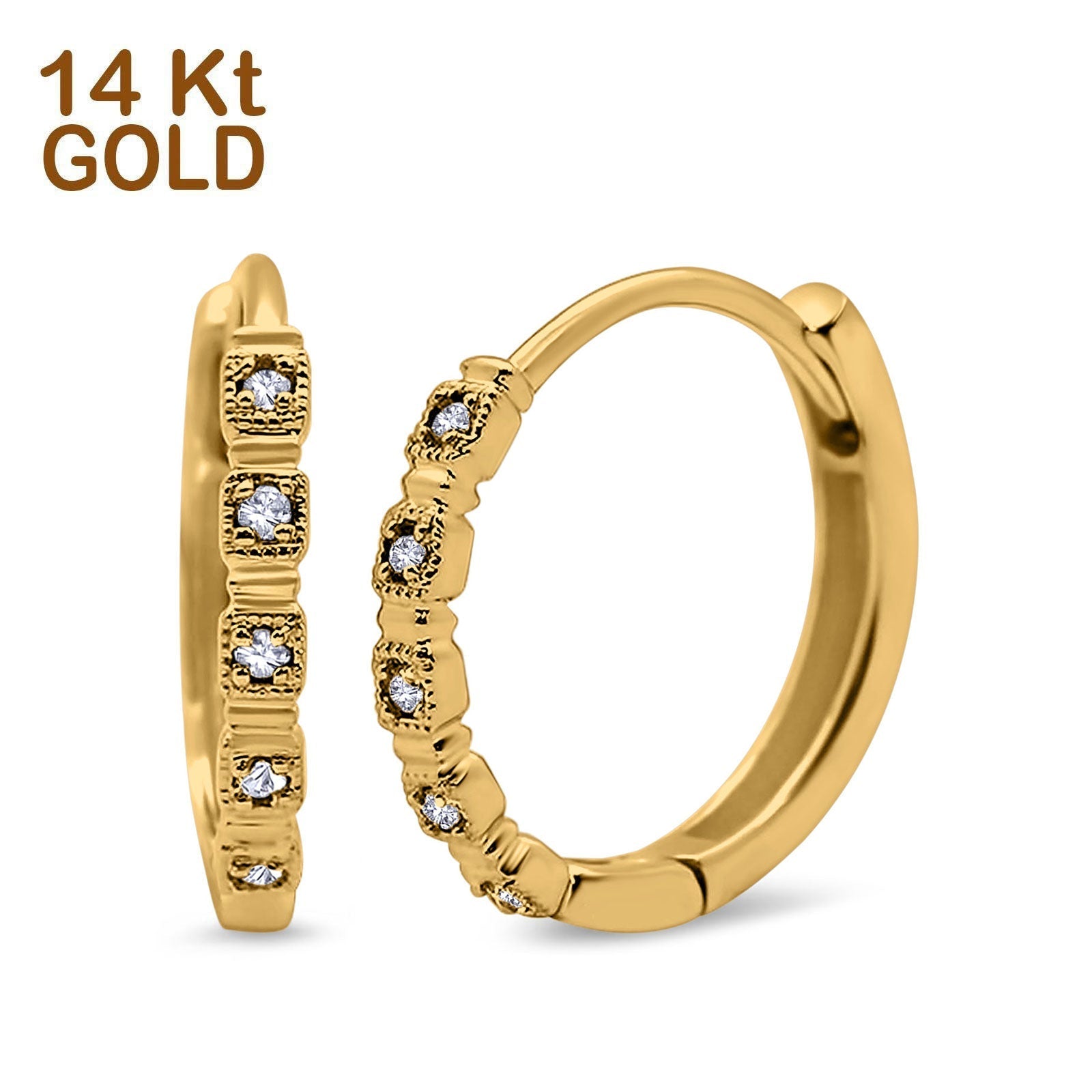 14K Gold Round Simulated Cubic Zirconia Hoop Huggie Earrings