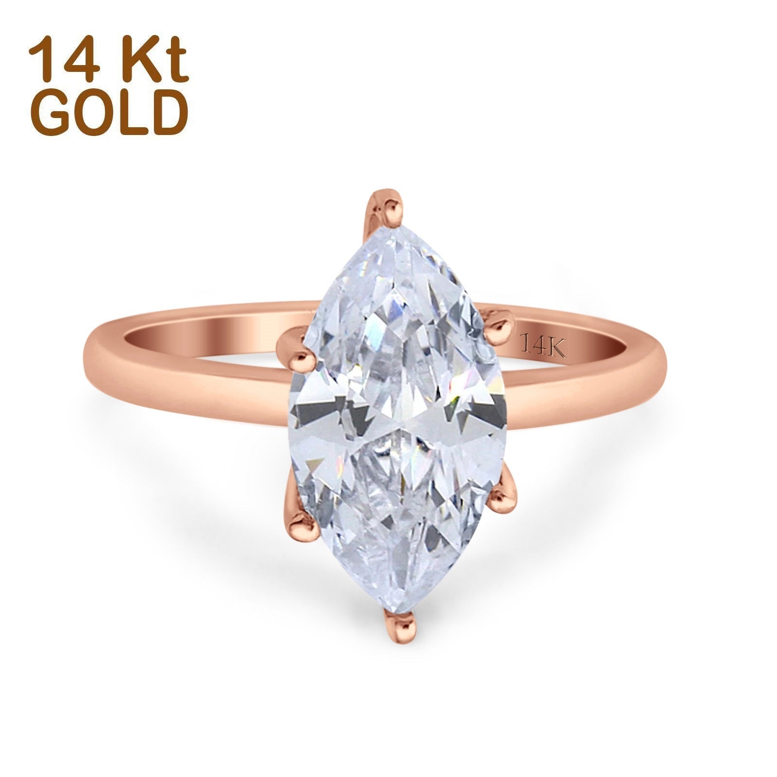14K Gold Solitaire Marquise Shape Bridal Wedding Engagement Ring Simulated CZ