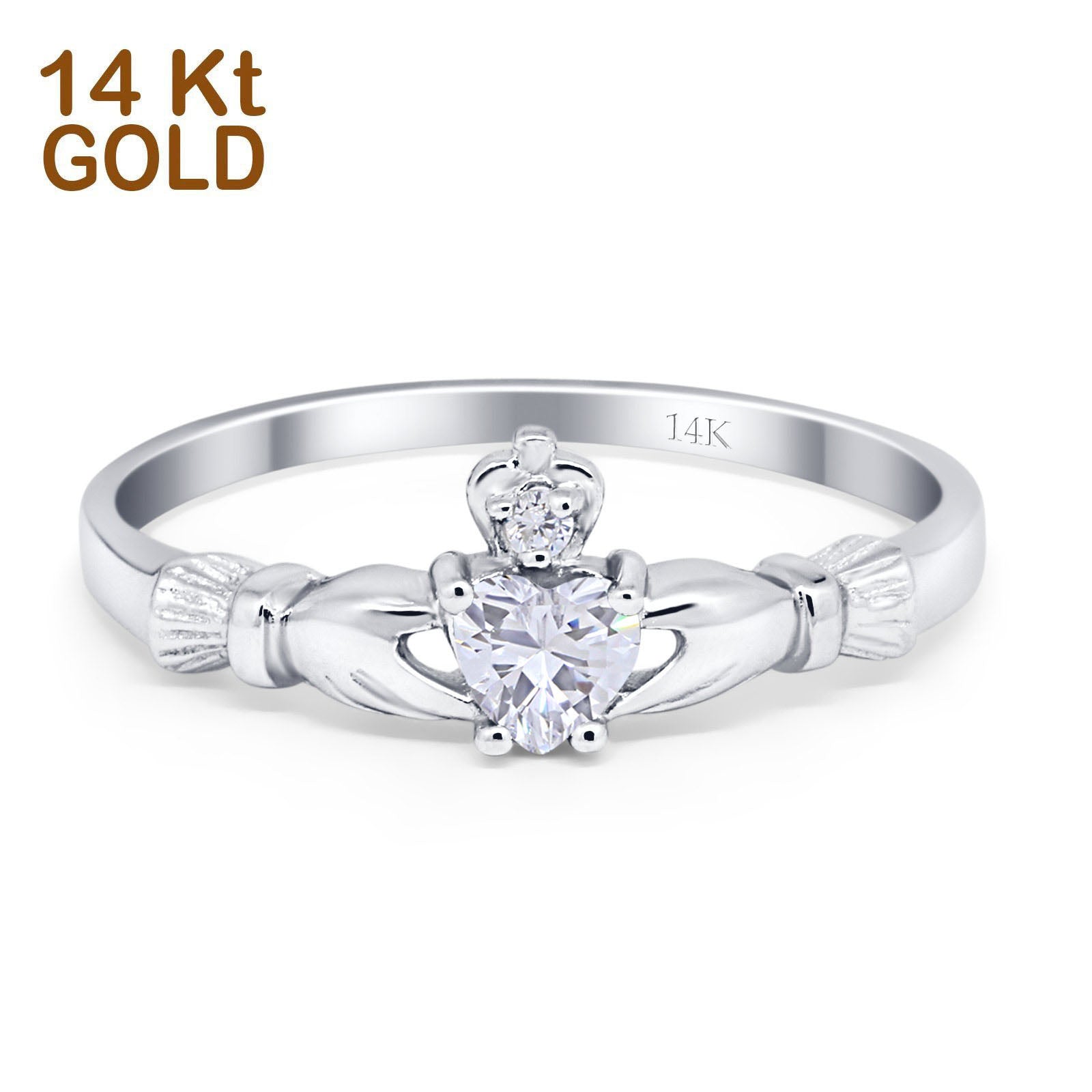 14K Gold Claddagh Heart Shape Promise Bridal Simulated Cubic Zirconia Wedding Engagement Ring