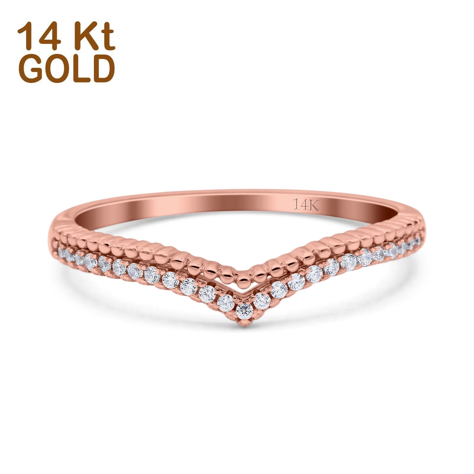14K Gold Art Deco Half Eternity Stackable Curved V Chevron Midi Band Wedding Engagement Ring Simulated CZ