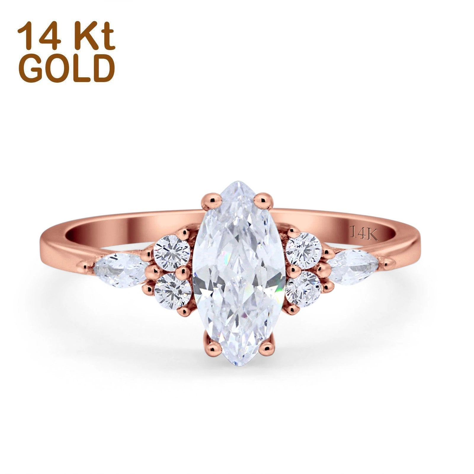 14K Gold Vintage Style Marquise Shape Bridal Simulated Cubic Zirconia Wedding Engagement Ring