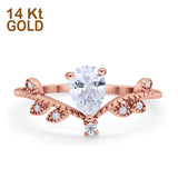 14K Gold Chevron Midi V Style Teardrop Pear Simulated Cubic Zirconia Wedding Engagement Ring