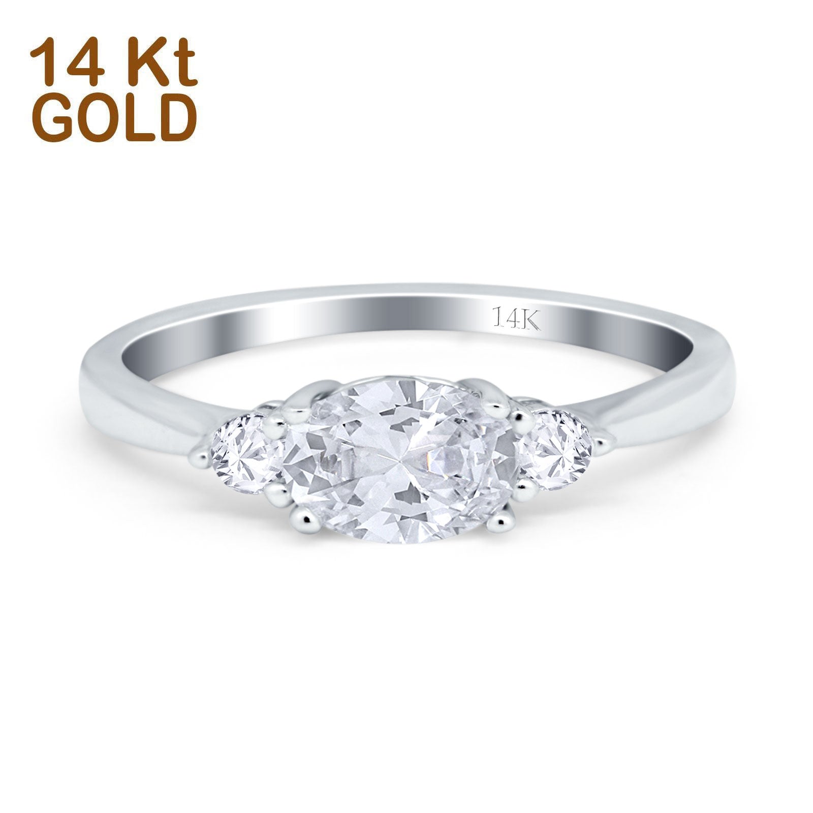 14K Gold Three Stone Oval Simulated Cubic Zirconia Wedding Engagement Ring