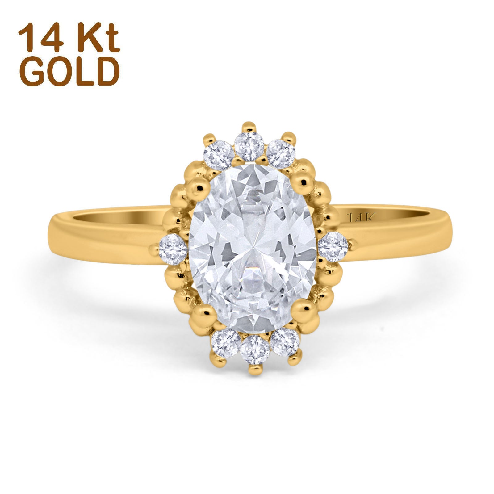 14K Gold Halo Vintage Style Oval Shape Bridal Simulated Cubic Zirconia Wedding Engagement Ring