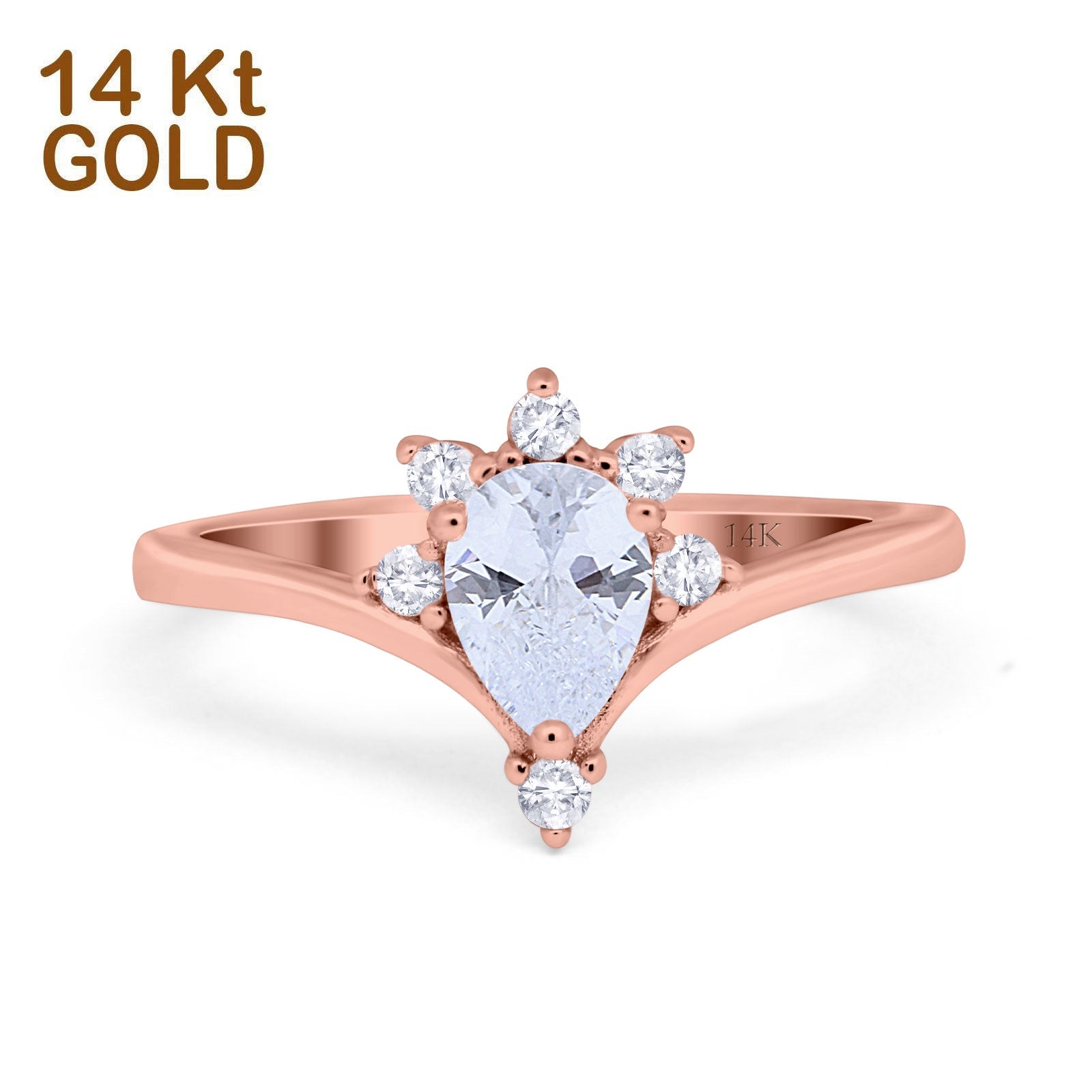 14K Gold Teardrop Pear Shape V Chevron Bridal Simulated Cubic Zirconia Wedding Engagement Ring