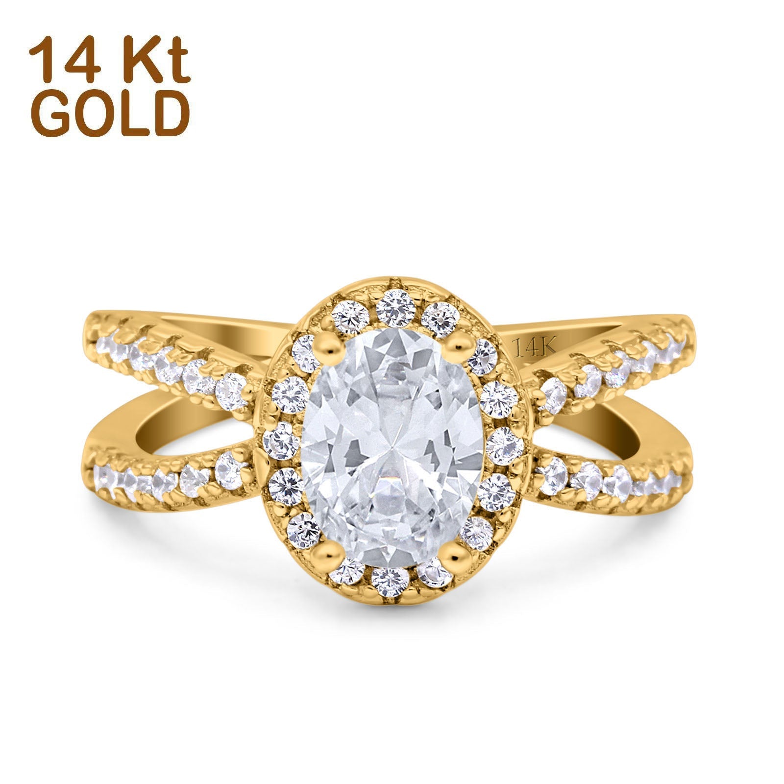 14K Gold Art Deco Oval Shape Solid Bridal Simulated Cubic Zirconia Wedding Engagement Ring