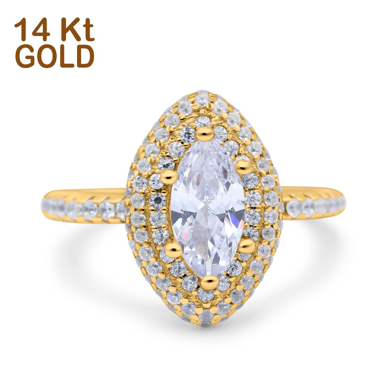 14K Gold Halo Art Deco Marquise Shape Solid Bridal Simulated Cubic Zirconia Wedding Engagement Ring