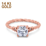 14K Gold Art Deco Cushion Shape Three Stone Bridal Simulated Cubic Zirconia Wedding Engagement Ring