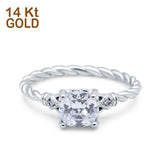 14K Gold Art Deco Cushion Shape Three Stone Bridal Simulated Cubic Zirconia Wedding Engagement Ring