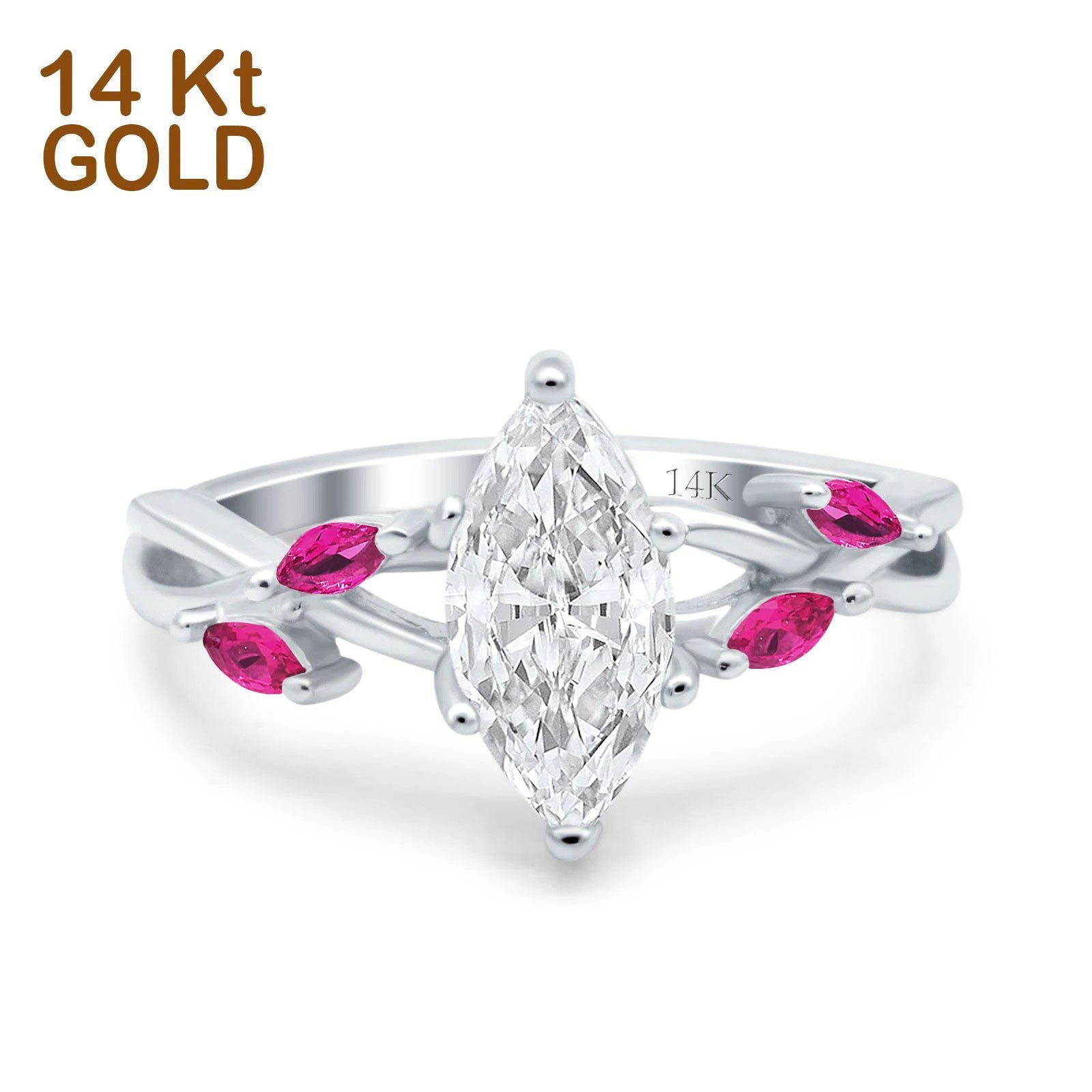 14K Gold Infinity Twist Marquise Shape Bridal Simulated Cubic Zirconia & Ruby Wedding Engagement Ring