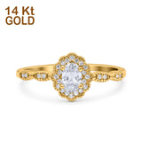 14K Gold Halo Vintage Floral Art Deco Oval Shape Bridal Simulated CZ Wedding Engagement Ring