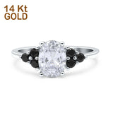 14K Gold Art Deco Oval Bridal Black Round Simulated CZ Wedding Engagement Ring