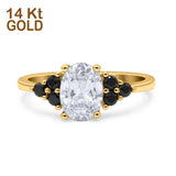 14K Gold Art Deco Oval Bridal Black Round Simulated CZ Wedding Engagement Ring
