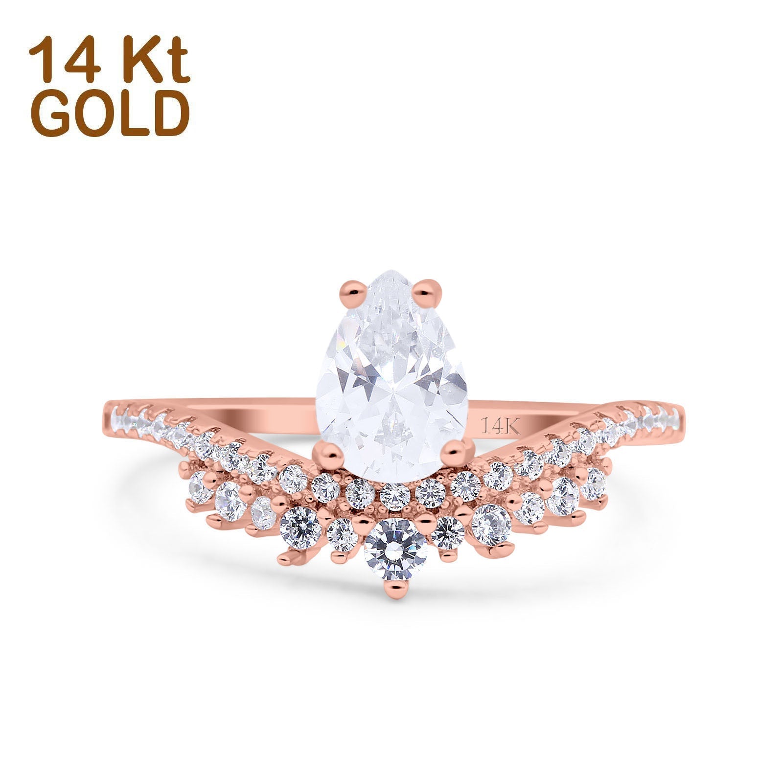 14K Gold Art Deco Solitaire Accent Pear Shape Bridal Simulated Cubic Zirconia Wedding Engagement Ring