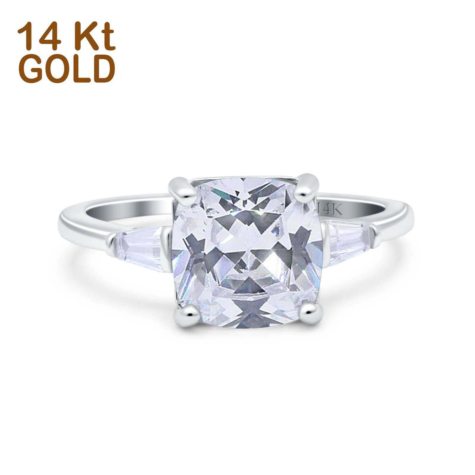 14K Gold Cushion Cut Art Deco Bridal Baguette Simulated CZ Wedding Engagement Ring