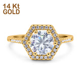 14K Gold Art Deco Hexagon Round Simulated Cubic Zirconia Wedding Engagement Ring