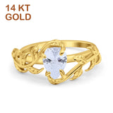 14K Gold Art Deco Leaves Pear Vintage Style Simulated Cubic Zirconia Wedding Engagement Ring