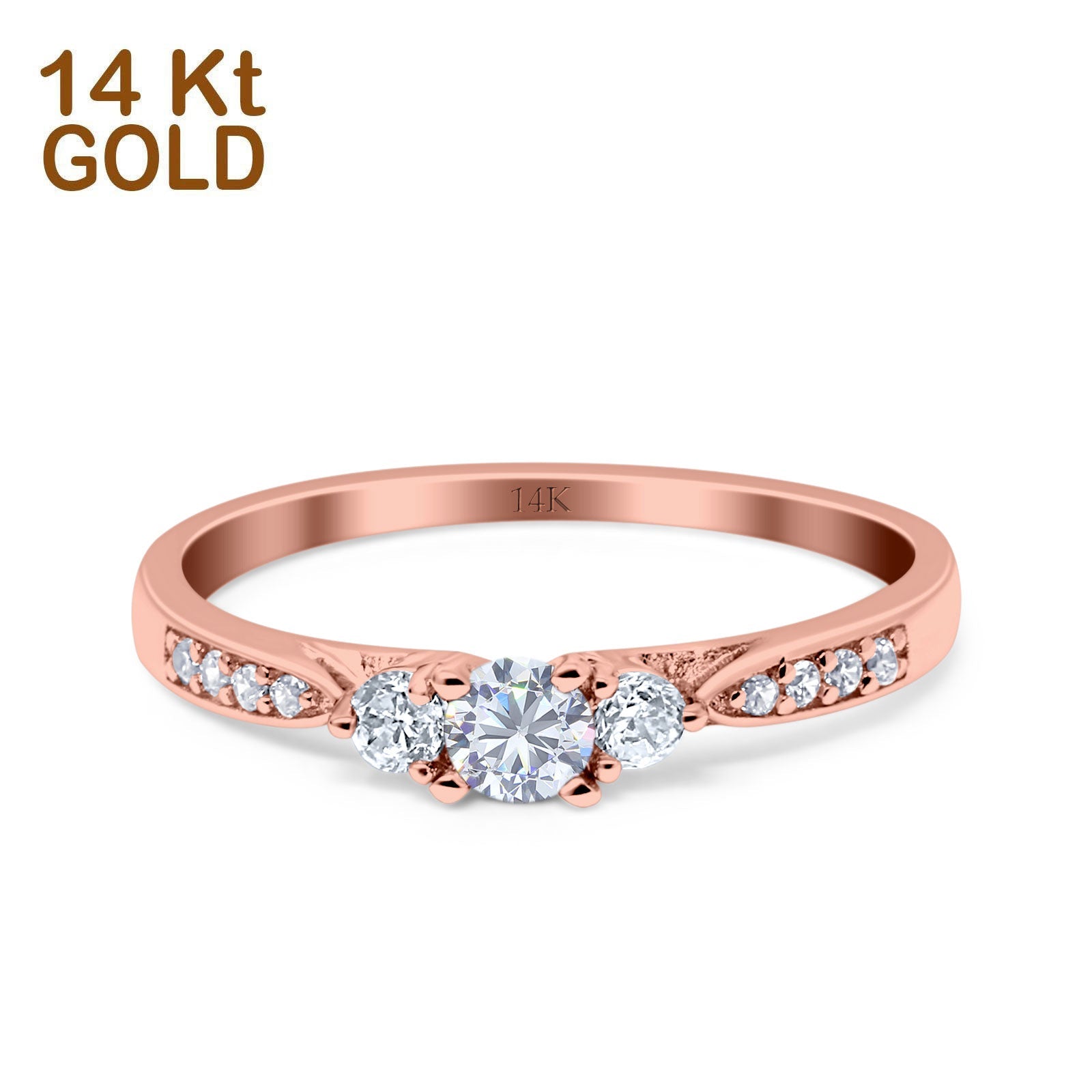 14K Gold Three Stone Round Shape Promise Bridal Simulated Cubic Zirconia Wedding Engagement Ring