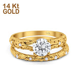 14K Gold Art Deco Round Shape Two Piece Bridal Set Ring Engagement Band Simulated CZ