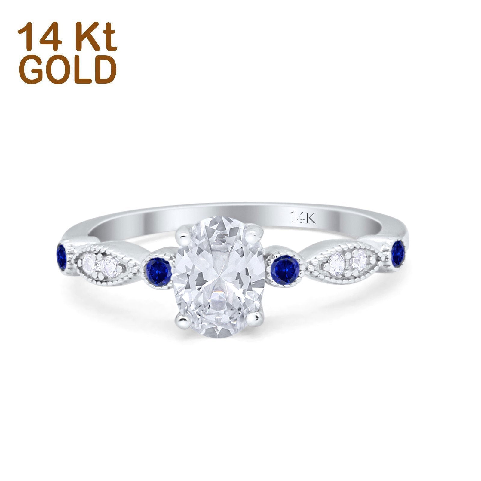 14K Gold Vintage Style Oval Shape Bridal Blue Sapphire Simulated Cubic Zirconia Wedding Engagement Ring