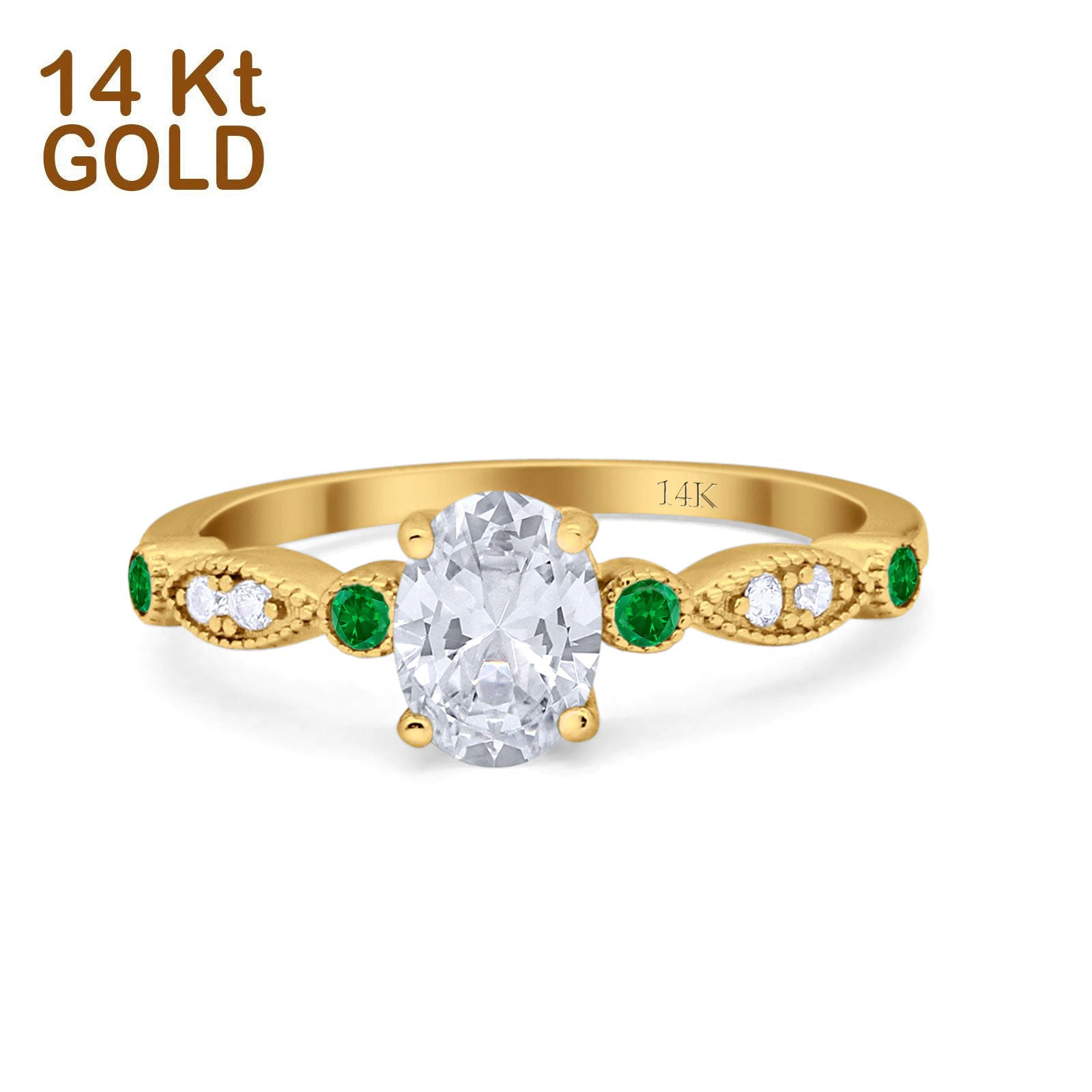 14K Gold Vintage Style Oval Shape Bridal Green Emerald Simulated Cubic Zirconia Wedding Engagement Ring