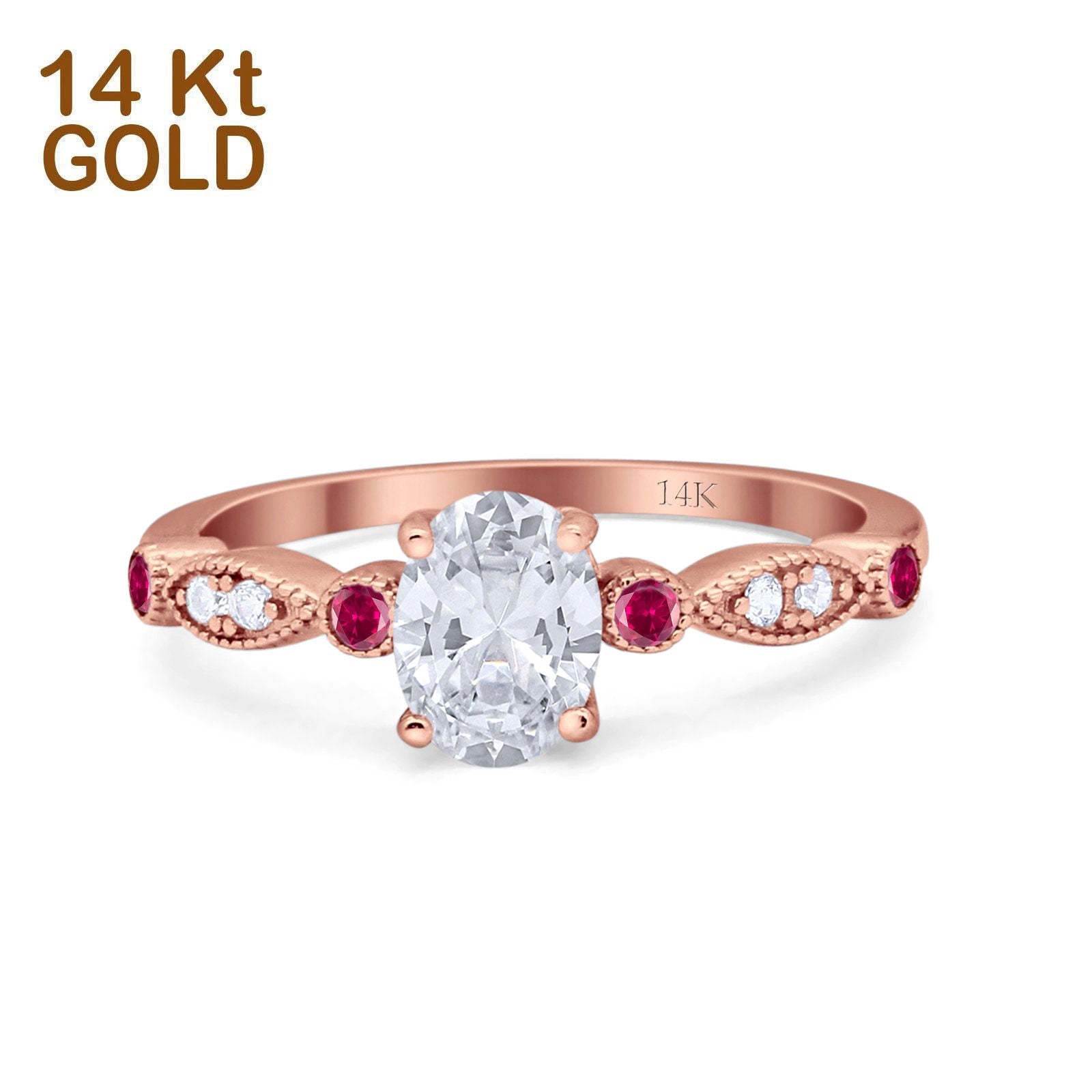 14K Gold Vintage Style Oval Shape Bridal Ruby Simulated Cubic Zirconia Wedding Engagement Ring