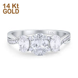 14K Gold Oval Three Stone Simulated Cubic Zirconia Wedding Engagement Ring