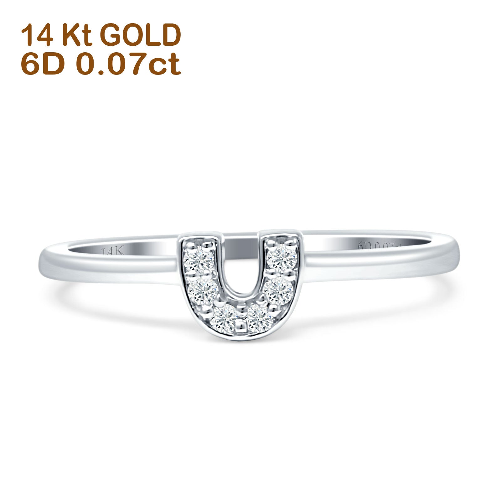 Diamond Horseshoe Ring U Shaped Statement 14K Gold 0.07ct