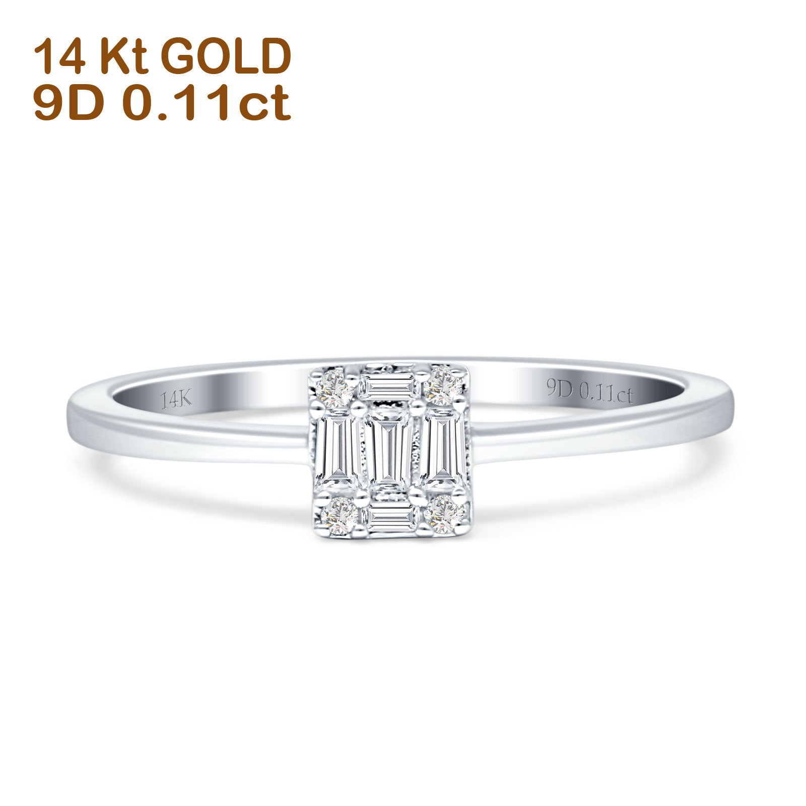 Unique Round And Baguette Diamond Ring 14K Gold 0.11ct