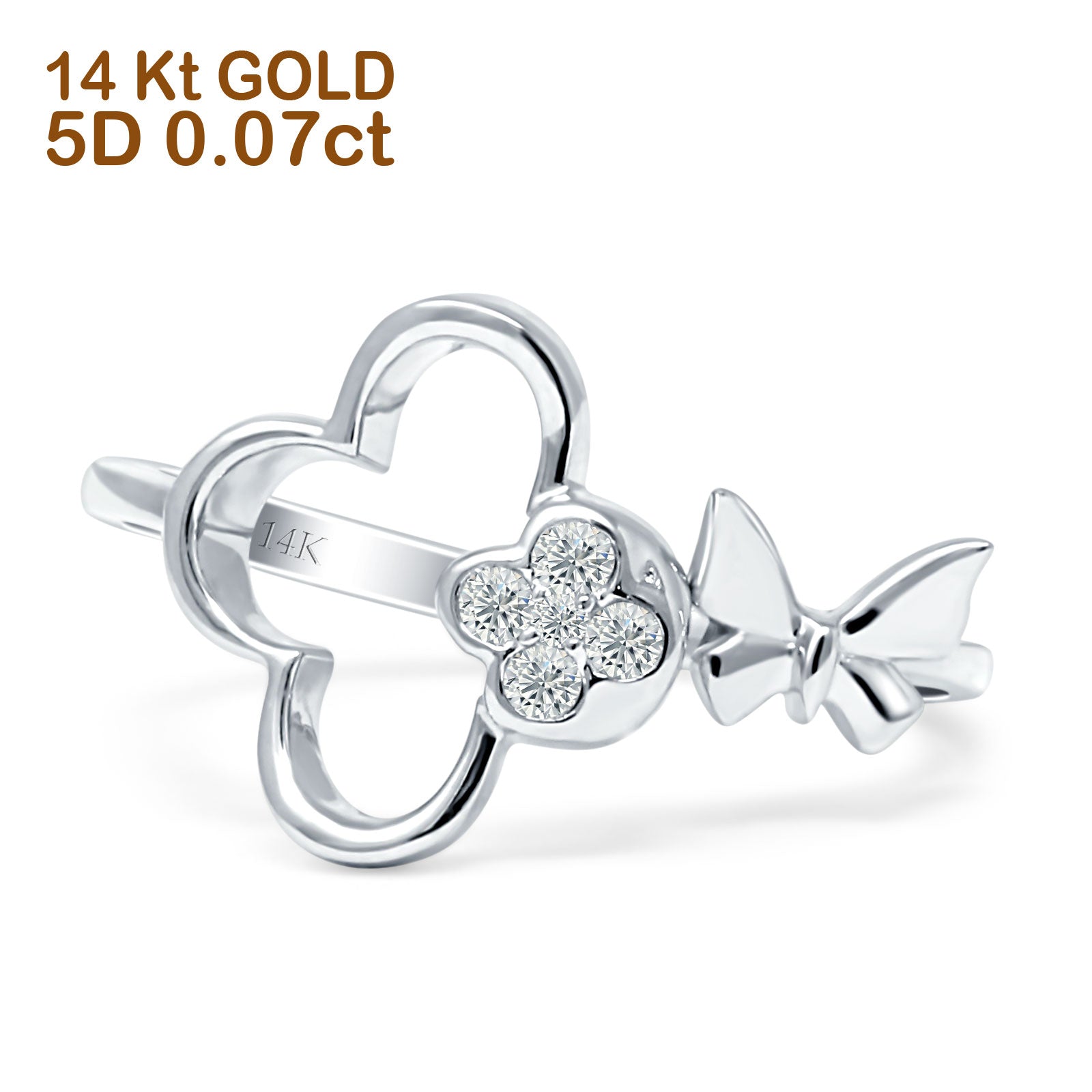 Diamond Flower & Butterfly Wrap Ring Statement 14K Gold 0.07ct