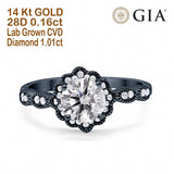 14K Gold Floral Art Deco GIA Certified Round 6.5mm E VS1 1.01ct Lab Grown CVD Diamond Engagement Wedding Ring