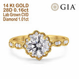 14K Gold Floral Art Deco GIA-zertifizierter runder 6,5mm E VS1 1,01ct Lab Grown CVD Diamant Verlobungs-Ehering