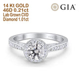 14 K Gold Halo GIA-zertifizierter runder 6,5 mm D VS1 1,01 ct Lab Grown CVD-Diamant-Verlobungs-Ehering