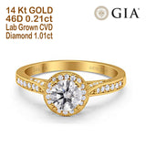 14K Gold Halo GIA Certified Round 6.5mm D VS1 1.01ct Lab Grown CVD Diamond Engagement Wedding Ring