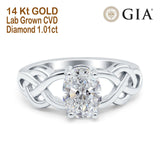 14K Gold Oval Solitaire Celtic 8mmx6mm D VS2 GIA Certified 1.01ct Lab Grown CVD Diamond Engagement Wedding Ring