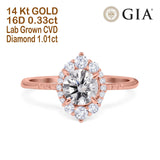 14K Gold Halo Vintage Round 6.5mm D VS1 GIA Certified 1.01ct Lab Grown CVD Diamond Engagement Wedding Ring