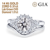 14K Gold Two Piece Halo Round GIA Certified 6.5mm D VS1 1.01ct Lab Grown CVD Diamond Engagement Wedding Ring