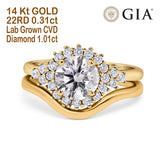 14K Gold Two Piece Halo Round GIA Certified 6.5mm D VS1 1.01ct Lab Grown CVD Diamond Engagement Wedding Ring