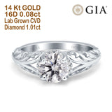 14K Gold Round Art Deco Filigree GIA Certified 6.5mm D VS1 1.01ct Lab Grown CVD Diamond Engagement Wedding Ring