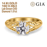 14 Karat Gold, runder, filigraner Art-Déco-Diamant, GIA-zertifiziert, 6,5 mm D VS1, 1,01 ct, im Labor gezüchteter CVD-Diamant, Verlobungs-Ehering