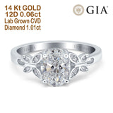 14K Gold Oval Butterfly Accent 8mmx6mm D VS2 GIA Certified 1.01ct Lab Grown CVD Diamond Engagement Wedding Ring