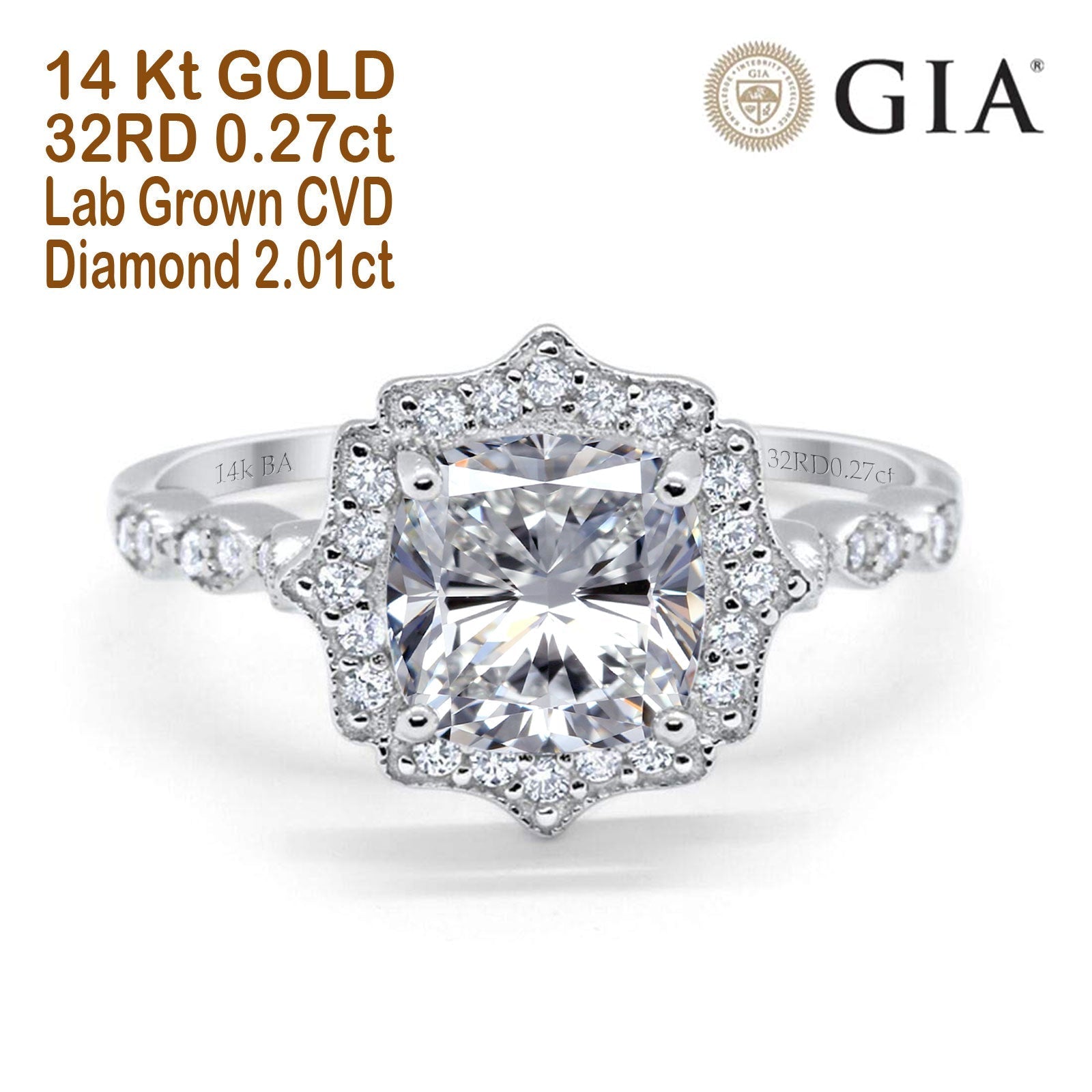14K Gold Halo Cushion GIA Certified 8mm I VVS2 2.01ct Lab Grown CVD Diamond Engagement Wedding Ring