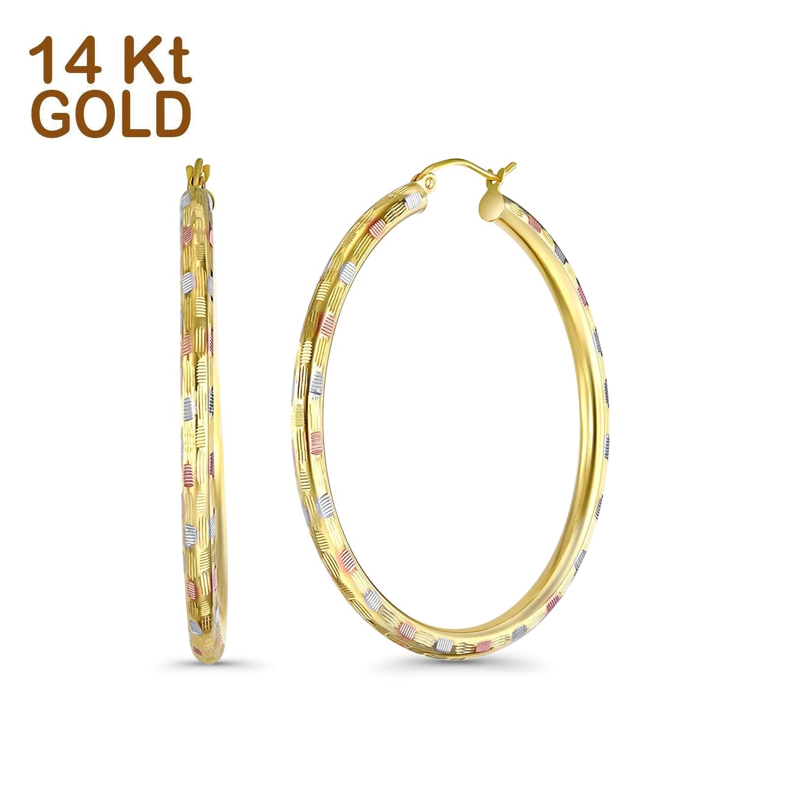 Solid 14K Tri Color Gold 3mm Thickness Hinged Diamond Cut Hoop Earrings - 6 Different Size Available, Best Anniversary Birthday Gift for Her