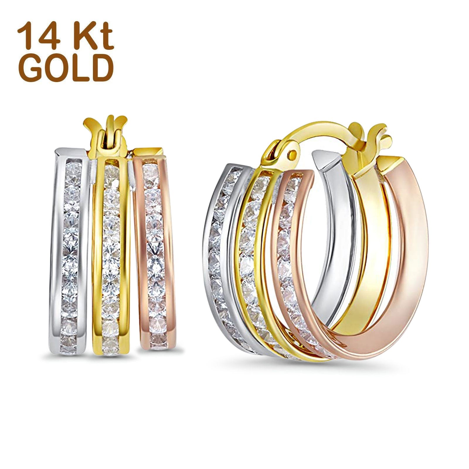 14K Tri Color Gold Round CZ Hoop Huggie Earrings - Best Birthday Gift for Her