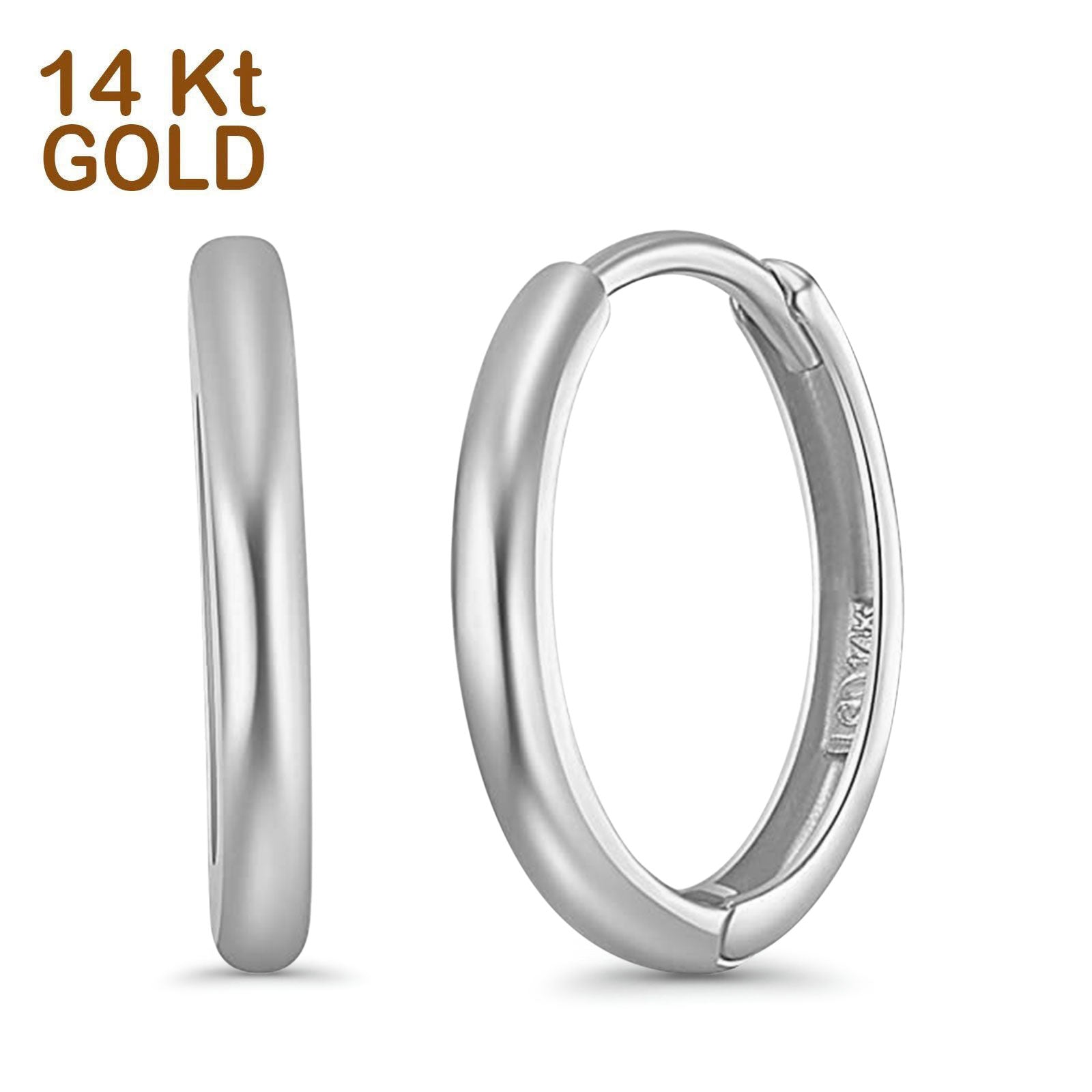14k White Gold Round Hoop Huggie Earrings - 3 Different Size Available, Best Birthday Gift for Her