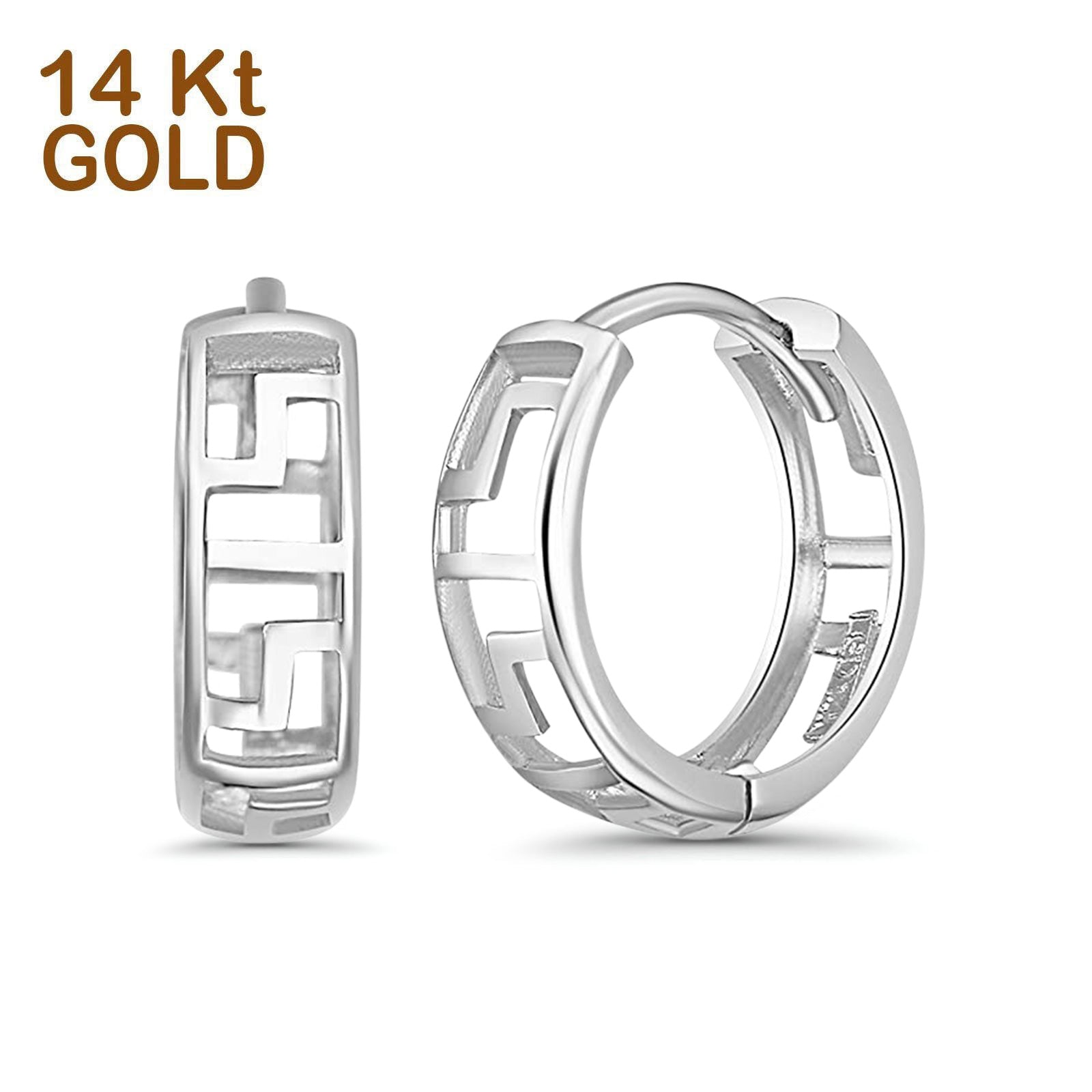Solid 14K White Gold & Yellow Gold 4mm Thickness Hoop Earrings Best Anniversary Birthday Gift for Her Greek Key