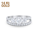 14K Gold Round Shape Three Stone Piece Simulated CZ Wedding Bridal Set Engagement Band Ring