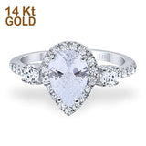 14K Gold Three Stone Halo Teardrop Pear Shape Fashion Bridal Wedding Engagement Ring Simulated CZ